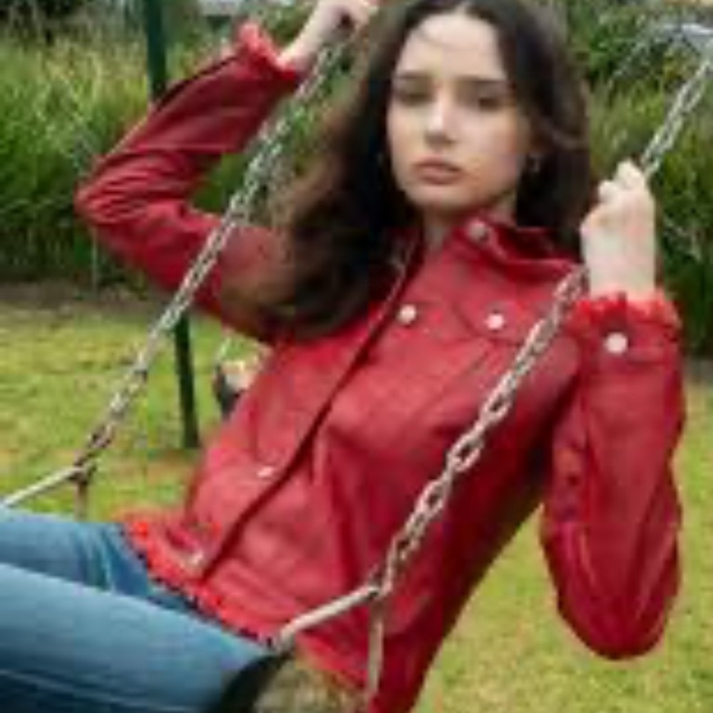 JKT NYC Alexa Patina Leather Jacket Frayed Hem Deep Red size large